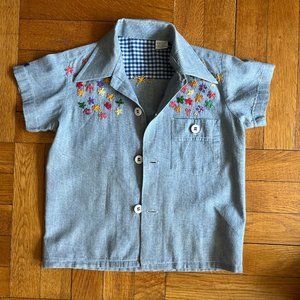 Youth 1970's Denim Short Sleeve Hand-Embroidered Shirt - Size 5-6?
